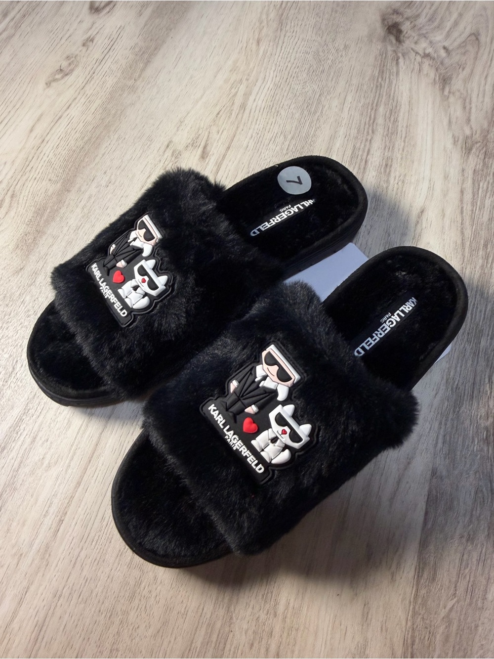 Karl Lagerfeld Black Faux-Fur Slide Sandals with Character Patch